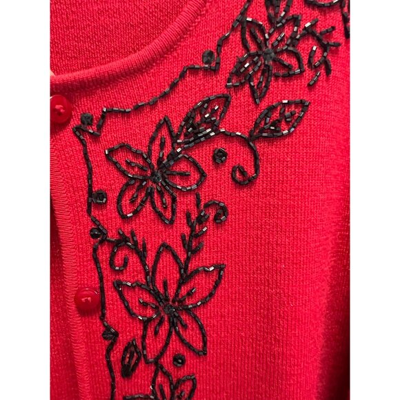 Silk Club Red Cardigan With Black Floral Beaded Embroidery Womens Medium Long - Picture 5 of 7